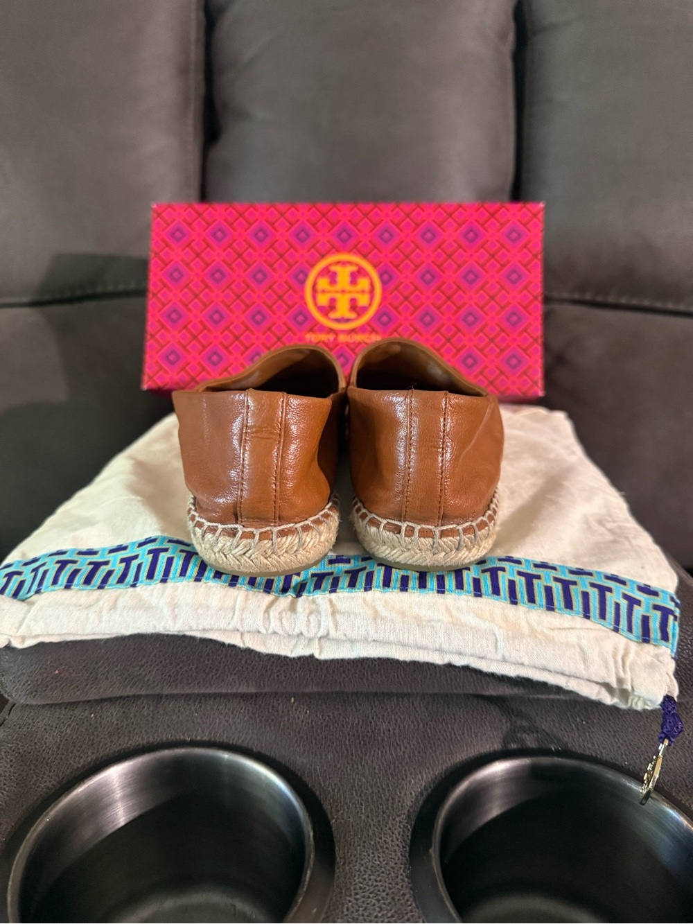 Tory Burch Brown Leather Espadrille Flats with Gold Logo size 8.5 - Picture 3 of 9
